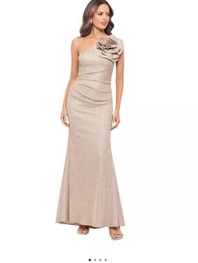 One-Shoulder Rose Gold Gown with Floral Shoulder Detail #164#